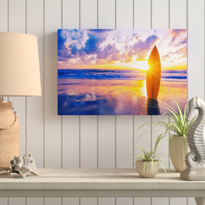East Urban Home Surfboard on a Beach at Sunset Wall Art on Canvas